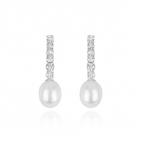 White Gold Pearl & Diamond Drop Earrings